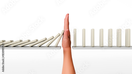 Foto Hand stopping domino effect, acting as crisis intervention, prevention, and cont