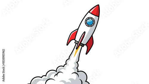 Cartoon rocket launching upwards with white and red coloring and smoke trail