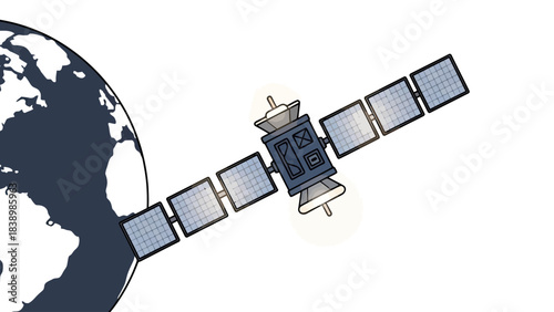 Cartoon satellite orbiting a dark blue portion of the Earth