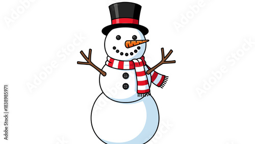 Cartoon snowman with black top hat orange nose and striped scarf