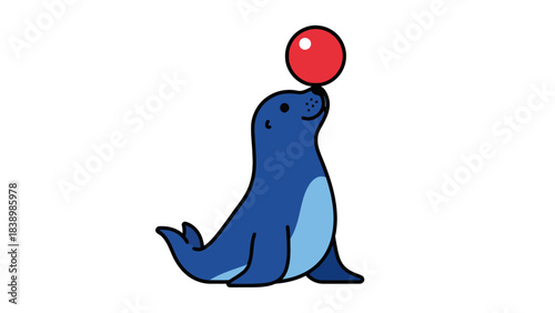 Cartoon seal balancing a red ball on its nose