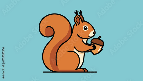 Cartoon squirrel holding an acorn against a light blue background