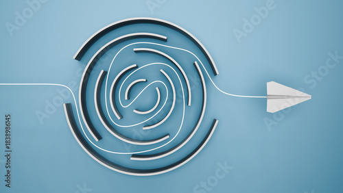 Tableau sur toile Paper airplane successfully navigates the circular maze, showing problem solving