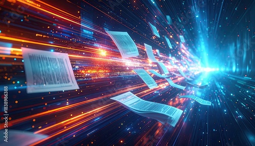 Digital documents streaming through a dynamic data tunnel with bright blue and orange hues