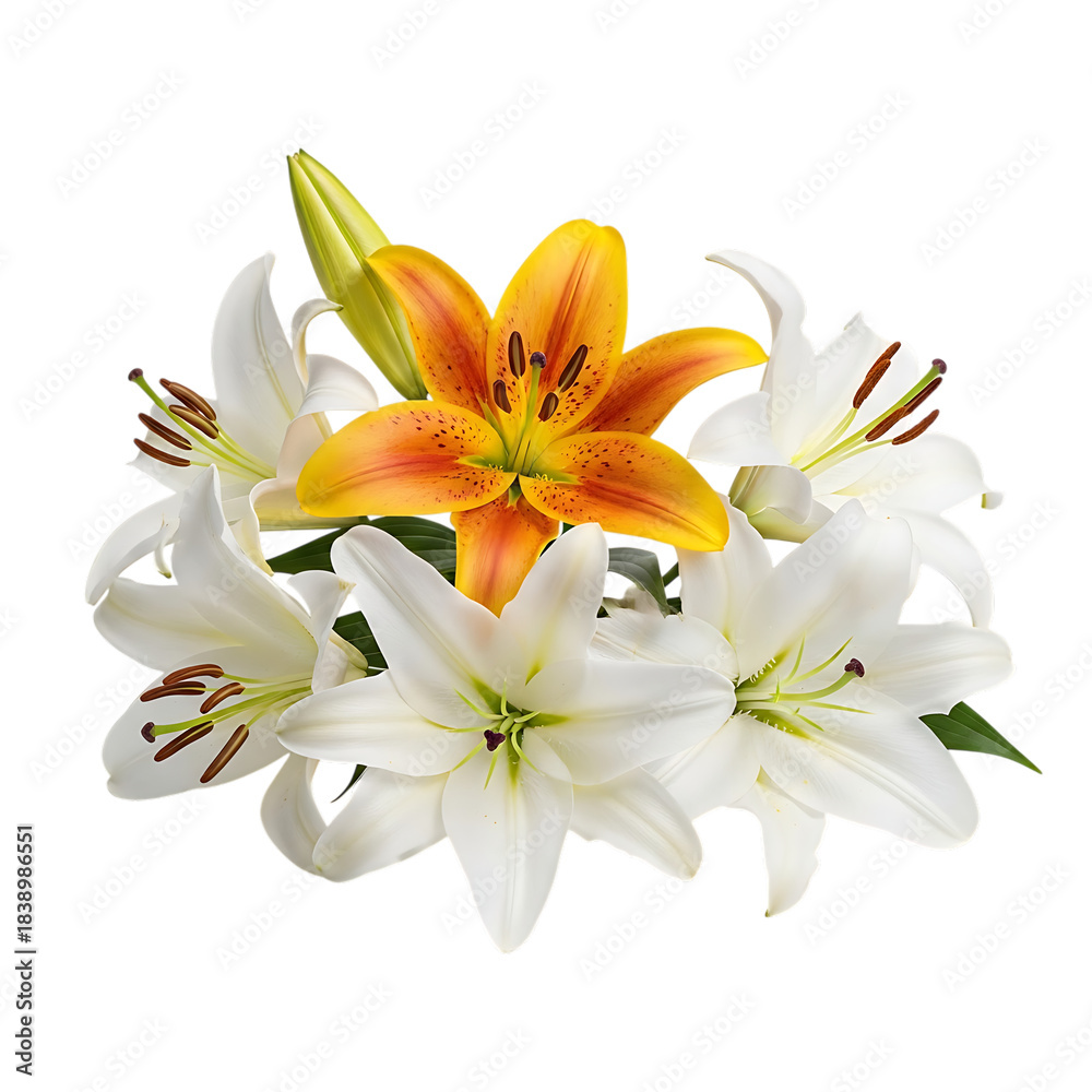 Fototapeta premium Floral arrangement showcasing elegant white and yellow lilies on transparent background
