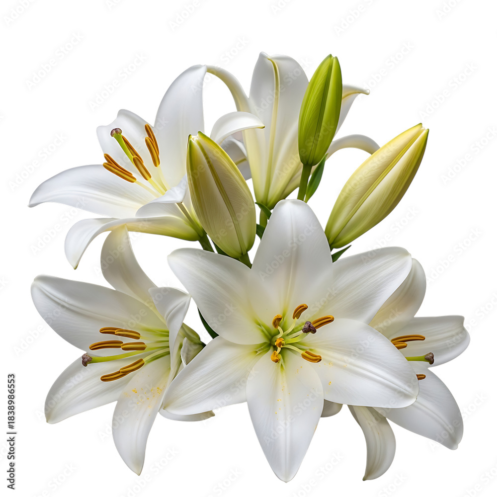 Fototapeta premium Elegant cluster of white lilies with buds on transparent background