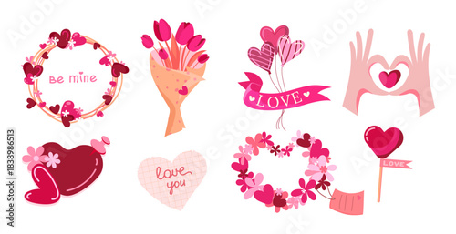Valentines Day Love Icons Set with heart lollipop, flowers, wreaths, bouquet, hand gesture, love elements for Valentines cards, stickers, packaging, social media, invitations, fashion print. Vector