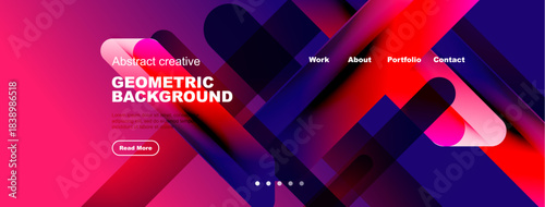 Modern website header design. Vibrant pink, purple gradients dominate. Geometric shapes create dynamic visual interest. Navigation links present.