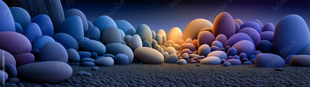 Fototapeta premium A Kaleidoscope of Pebbles An assortment of colorful pebbles forming a spectrum, ranging from cool blues to warm oranges. These stones tell stories of earth. 