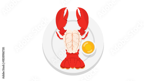 Cooked lobster tail and claws served on a white plate with melted butter