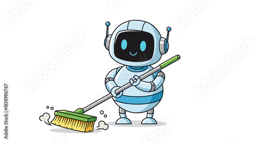 Cute blue and white robot sweeping the floor with a yellow and green broom