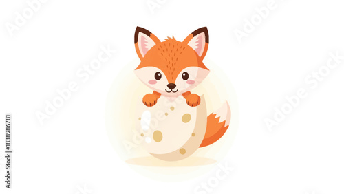 Cute cartoon fox emerging from a speckled eggshell