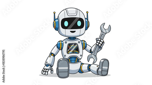 Cute cartoon robot sitting while holding a large silver wrench