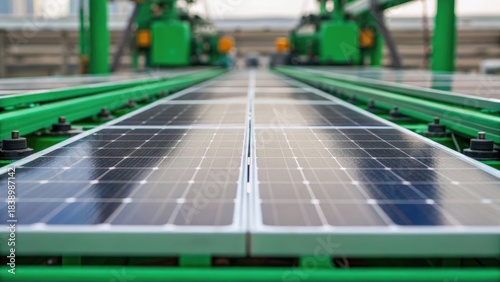Solar panels lined up in a factory setting, showcasing a modern approach to renewable energy and sustainability.