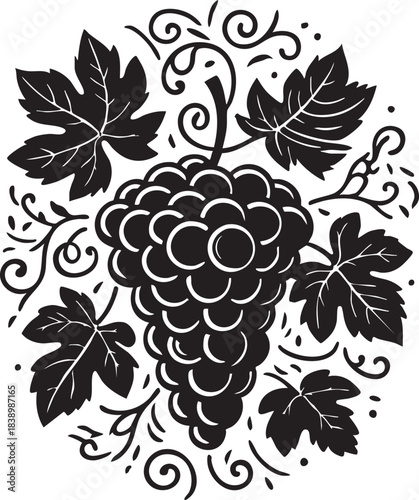 Grape vector graphic: black and white grapevine illustration for wine or vineyard designs eps silhouette