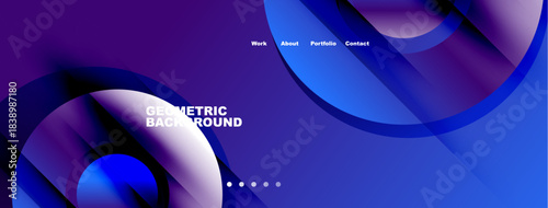 Abstract fluid shapes, blue tones dominate design. Navigation menu present, geometric background visible. Modern aesthetic.