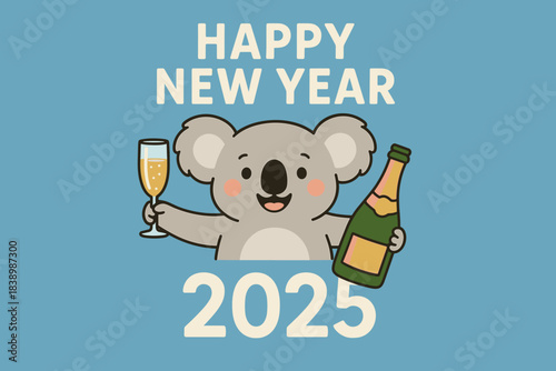 Wishing you a joyful 2025 New Year's Eve with a Silvester celebration featuring a humorous koala bear holding a champagne bottle and glass, presented on a blue backdrop in a greeting card