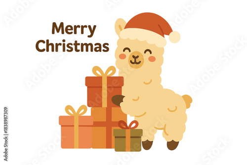 Adorable alpaca wearing a Santa hat surrounded by gift boxes, perfect for a Merry Christmas greeting concept,  image