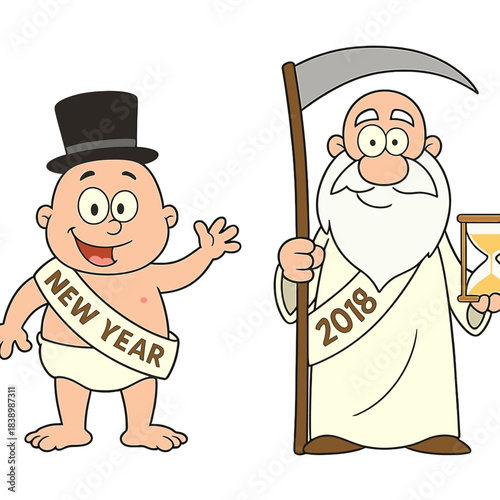 A collection of New Year baby and Father Time man cartoon characters in vector flat design, isolated on a transparent background