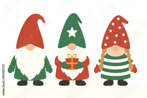 Illustrate banner gnomes in the snow for winter and Christmas