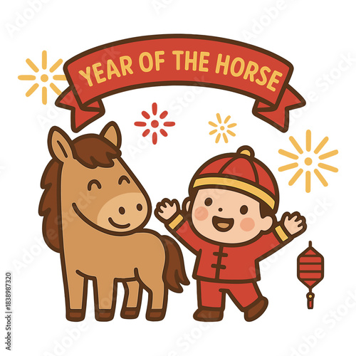 Celebrate the Year of the Horse Chinese New Year Festival featuring cute cartoon characters and fireworks