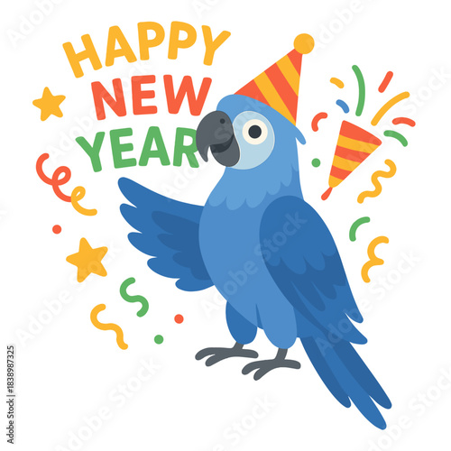Colorful and vibrant illustration of a festive blue macaw parrot celebrating Happy New Year, perfect for holiday greetings and seasonal cheer