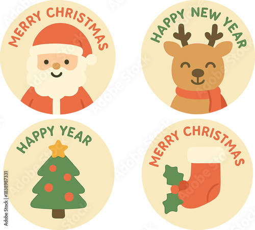 Circular Christmas stickers with a childlike design, wishing Merry Christmas and Happy New Year, featuring vector illustrations, playful labels, and adorable characters