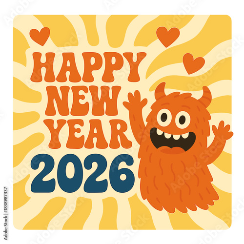 Illustration of a retro cartoon monster and hearts on a pop‑art background, wishing a groovy happy New Year