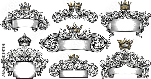 Vintage crown banners, ornate scrollwork frames, royal decorative elements, elegant certificate layout, classic regal design, retro heraldic graphic set