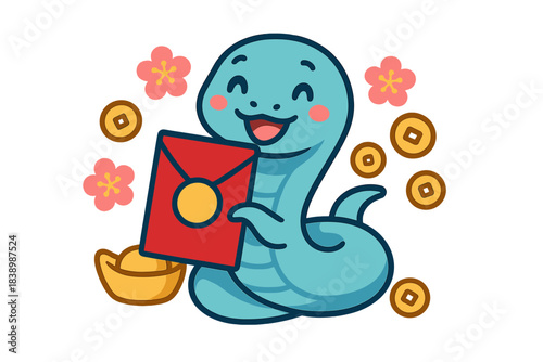 A playful, cheerful snake clutching a money-filled red envelope graces a Chinese Lunar New Year greeting card, while a vector 2025 CNY banner showcases a cute, smiling blue reptile snake surrounded