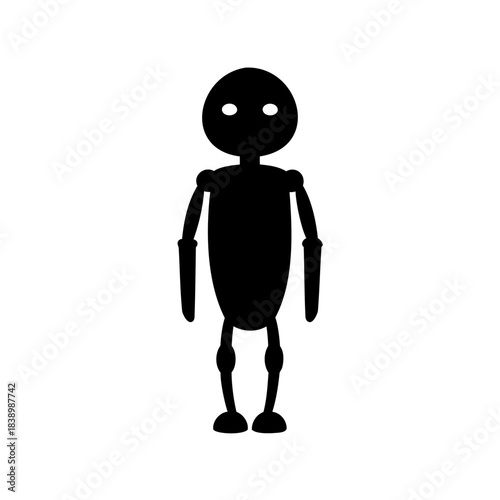 Simple black and white minimalist illustration of a robot or futuristic droid figure