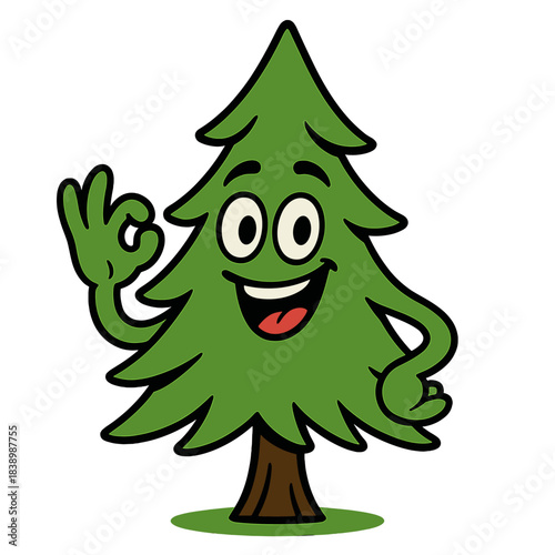 An upbeat, stylized green fir tree cartoon character rendered in flat vector illustration, smiling cheerfully like a spruce mascot, exuding a positive, happy vibe