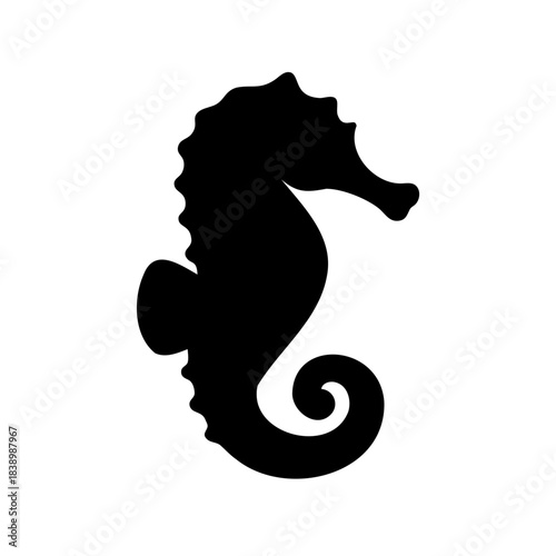 Black silhouette of a seahorse with a curled tail, isolated on white