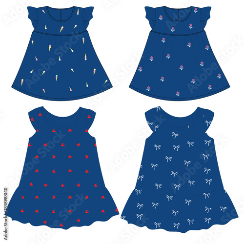 baby girls denim frocks with pattern print illustrations