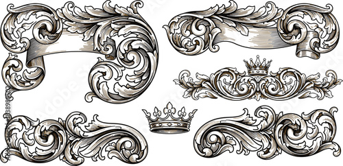 Vintage scroll flourishes, ornate crown embellishments, decorative leaf motifs, elegant engraved design, classic heraldic layout, retro ornamental graphic set