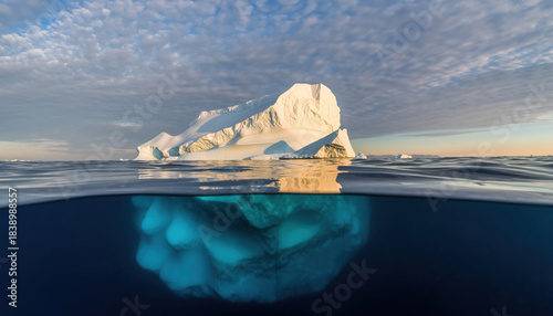 Majestic Iceberg Floating in Arctic Ocean, Showing Submerged Mass. Glacier Fragment, Polar Landscape, Climate Change.