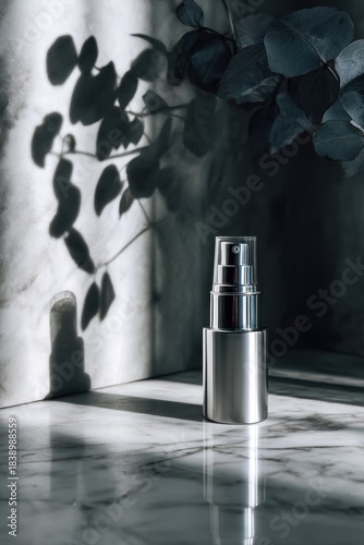 Metallic silver airless pump bottle with eucalyptus shadow on white marble for luxury skincare packaging and premium beauty branding


