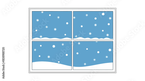Fourpane window view showing blue sky with white snowflakes and snowdrifts