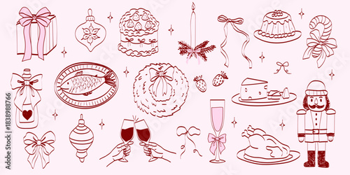 Whimsical chalk doodles of Christmas party. Quirky icons of breakfast and dinner meals in crayon style. Crayon drawing for menus and invitations. Handwritten quirky vector illustration for design