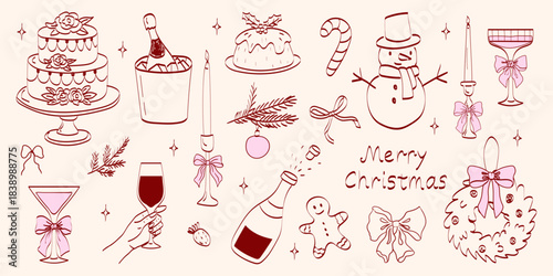 Whimsical chalk doodles of Christmas party. Quirky icons of breakfast and dinner meals in crayon style. Crayon drawing for menus and invitations. Handwritten quirky vector illustration for design