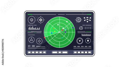 Futuristic dark blue display panel featuring a central green circular radar screen with colored dots