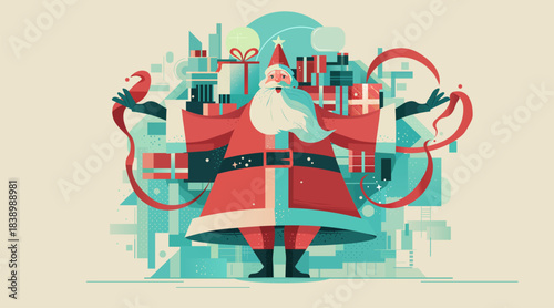 Santa Christmas New Year 2026 celebration festive scene with Santa Claus surrounded by gift boxes abstract geometric background modern holiday concept