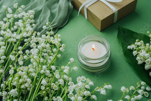 Candle flame in jar with white lily of the valley bouquet and gift box on green background