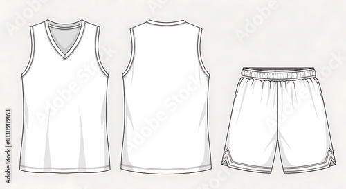 White basketball uniform set including a sleeveless jersey and shorts, front and back view, isolated on white background