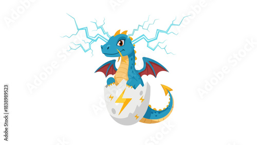 Hatching electric blue dragon emerging from cracked egg with lightning bolts