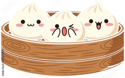 Cute steamed dumplings with faces, joyful expressions, wooden steamer basket, Asian food, kawaii style, cartoon charm, flat vector illustration