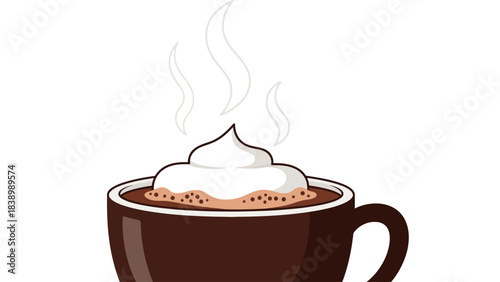 Hot chocolate in a dark mug with whipped cream and steam rising