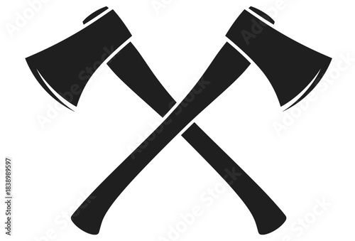 Crossed axes icon representing lumberjack tools, forestry equipment, woodcraft symbol, rugged outdoor lifestyle design, bold monochrome style, flat vector illustration