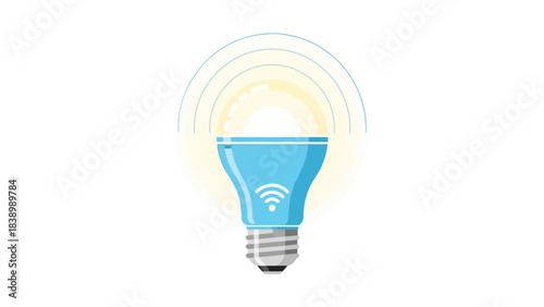 Illustration of a glowing blue smart light bulb with radiating WiFi signal