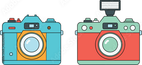 Retro photo camera illustration set featuring classic and flash cameras in colorful flat vector style for photography design